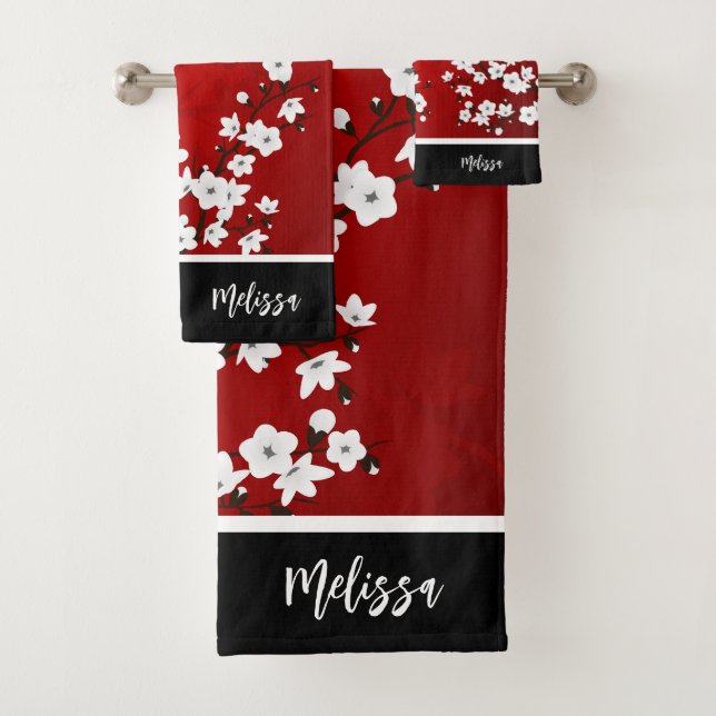 Conjunto De Toalhas Sakura Vermelho Preto Branco Monograma (Insitu)
