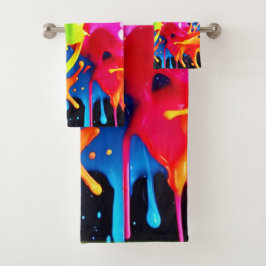Conjunto De Toalhas Salpicos de Neon Brilhante na Arte Abstrata