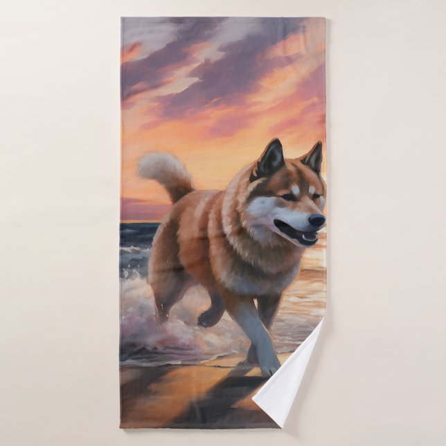 Conjunto De Toalhas Sandy Paws Akita Dog em Beach Sunset (Toalha de Banho)