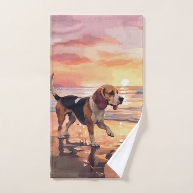 Conjunto De Toalhas Sandy Paws Beagle Dog em Beach Sunset (Toalha de mão)