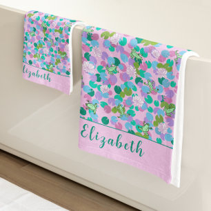 Conjunto De Toalhas Sapos cor-de-rosa e verde Nome personalizado Girly