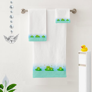Conjunto De Toalhas Sapos Felizes Divertidos Fofos em Branco e Turques