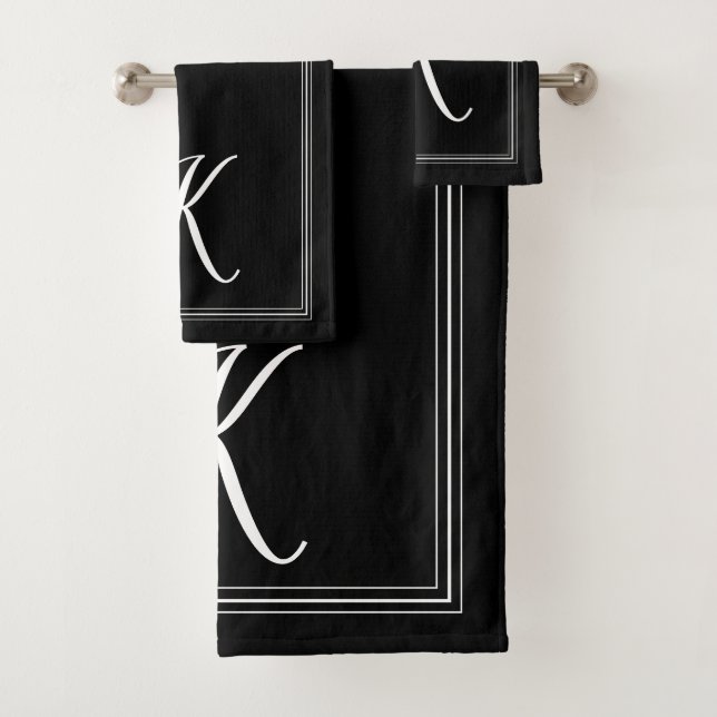 Conjunto De Toalhas Script de Monograma Branco Preto Elegante Moderno (Insitu)