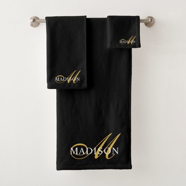 Conjunto De Toalhas Script de Monograma Dourado Preto Elegante Moderno (Insitu)