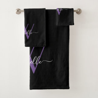 Conjunto De Toalhas Script de Nome do Monograma de Roxo Preto Elegante