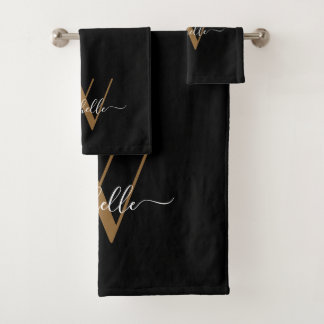 Conjunto De Toalhas Script de Nome Dourado Preto do Monograma Elegante