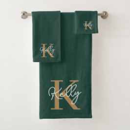 Conjunto De Toalhas Script Dourado Monograma do Emerald Green moderno