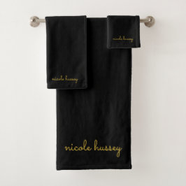 Conjunto De Toalhas Script Preto e Dourado | Monograma Moderno Elegant