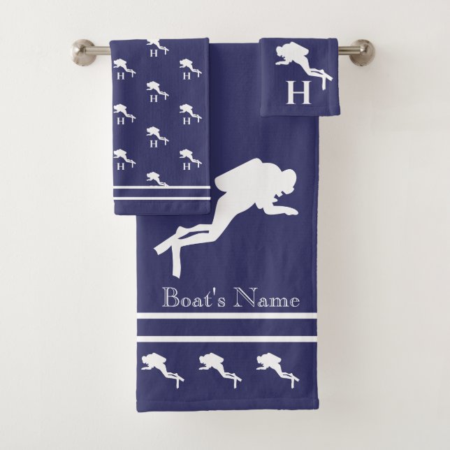 Conjunto De Toalhas SCUBA DIVERS Cinzas brancas monogramas de Marinho (Insitu)