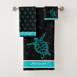 Conjunto De Toalhas Sea Turtle Bathroom Black Tea White Náutica