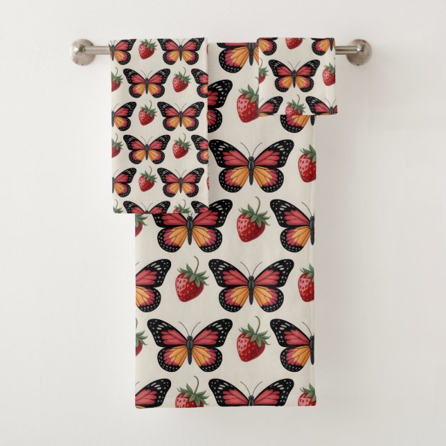 Conjunto De Toalhas Seamless Pattern of Butterflies and Strawberries (Insitu)