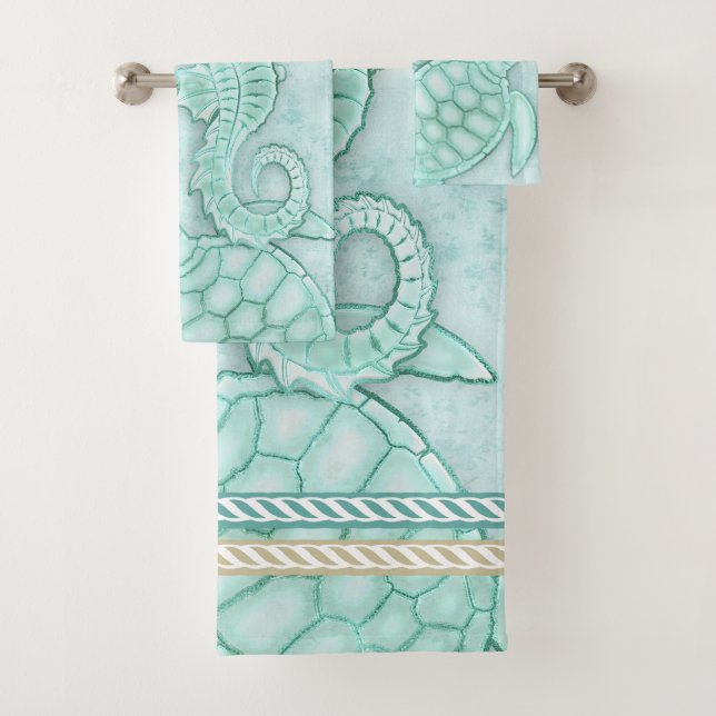 Conjunto De Toalhas Seashell Starfish Turtle Watercolor Aqua ID751 (Insitu)