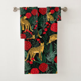 Conjunto De Toalhas Selva-Leopardo Escura com Rosas