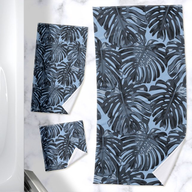 Conjunto De Toalhas Selva tropical deixa azul escuro moderno (Dark blue palm leaf printed towels in 3 sizes)