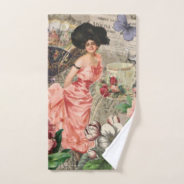 Conjunto De Toalhas Senhora Café Mulher Vitoriana Rosa Vestido Rico (Toalha de mão)