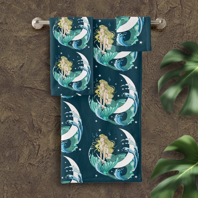 Conjunto De Toalhas Sereia Loira Lua Crescente Arte Deco Fantasia (Criador carregado)