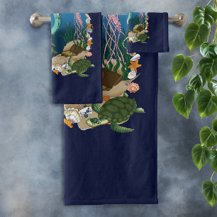 Conjunto De Toalhas Sereia Mística Fantasia Oceânica Vida Marinha Azul