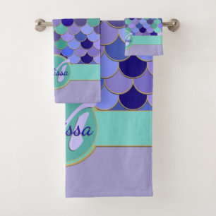 Conjunto De Toalhas Sereia Monograma + Nome Azul-toro-marinho
