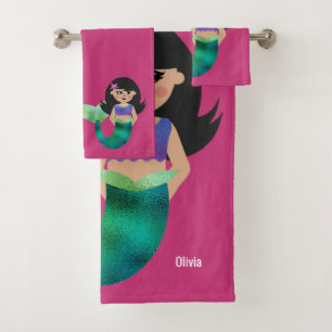 Conjunto De Toalhas Sereia personalizada do cabelo preto da folha do