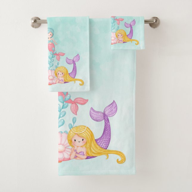 Conjunto De Toalhas Sereias e medusas sob a aquarela marítima (Insitu)