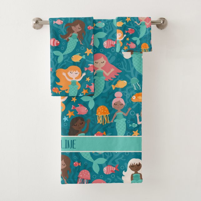 Conjunto De Toalhas Sereias Whimsical Sob O Teal Do Mar (Insitu)