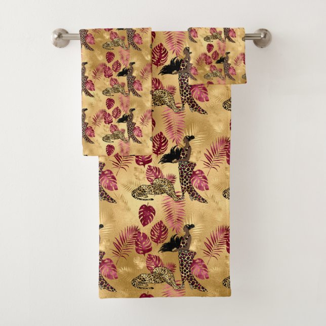 Conjunto De Toalhas Série Leopard Burgundy e Dourada Design 4 (Insitu)
