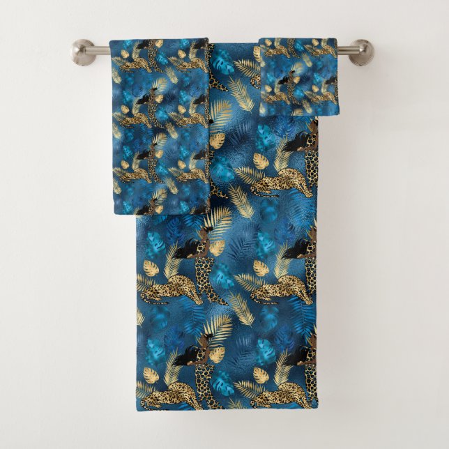Conjunto De Toalhas Série Leopardo Azul e Dourada Design 6 (Insitu)