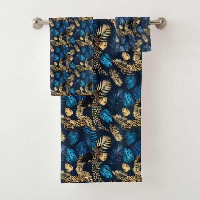 Conjunto De Toalhas Série Leopardo Azul e Dourada Design 8 (Insitu)