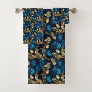 Conjunto De Toalhas Série Leopardo Azul e Dourado Design 8