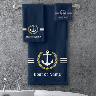 Conjunto De Toalhas Seu barco ou nome Anchor Dourado Laurel Stripes Az