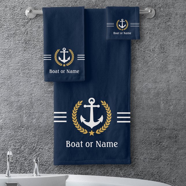 Conjunto De Toalhas Seu barco ou nome Anchor Dourado Laurel Stripes Az (Criador carregado)