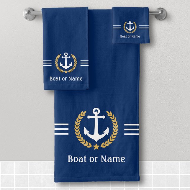 Conjunto De Toalhas Seu barco ou nome Anchor Dourado Laurel Stripes Ma (Criador carregado)