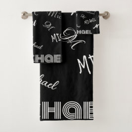Conjunto De Toalhas Seu nome e monograma padrão personalizado preto