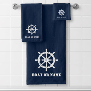 Conjunto De Toalhas Seu nome ou barco náutico navio azul de roda