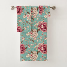 Conjunto De Toalhas Shabby Chic Pink and White Florals on Teal