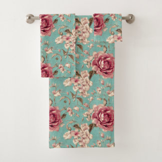 Conjunto De Toalhas Shabby Chic Pink and White Florals on Teal
