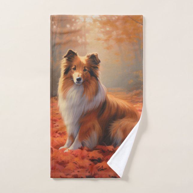 Conjunto De Toalhas Shetland Sheepdog no outono deixa cair inspiração (Toalha de mão)