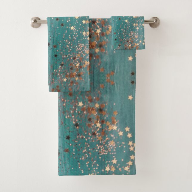 Conjunto De Toalhas Shimmery Dourado Stars on Teal (Insitu)