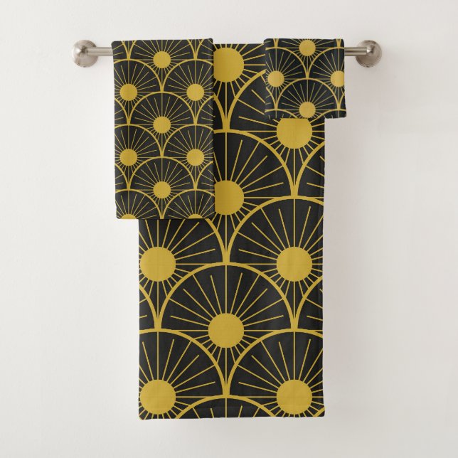Conjunto De Toalhas Shinart deco preto e padrão solar dourado (Insitu)