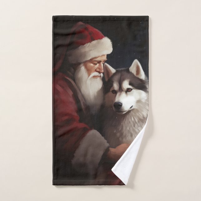 Conjunto De Toalhas Siberian Husky com Papai Noel Natal Festivo (Toalha de mão)