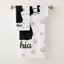 Conjunto De Toalhas Silhueta de Gato Preto Borboleta Rosa na Cauda e P