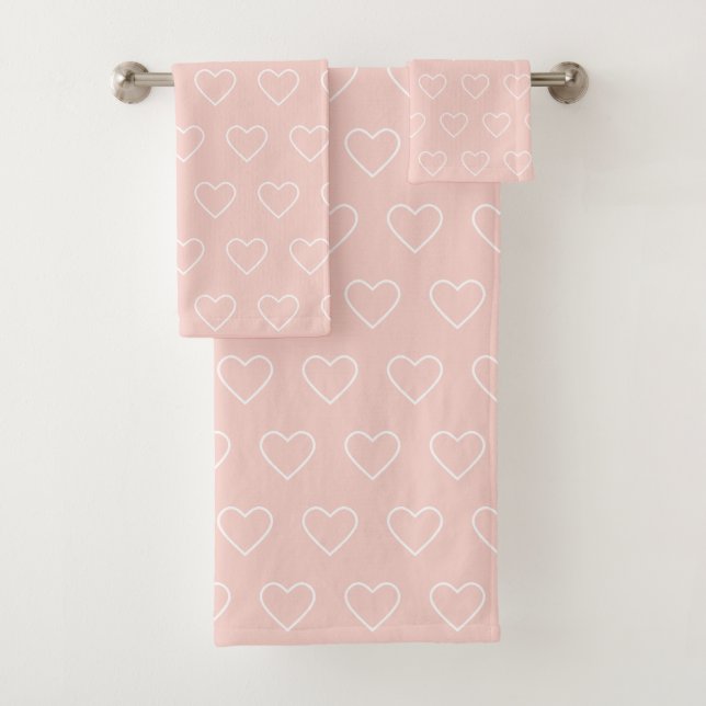 Conjunto De Toalhas Silhuetas de Coração Branco em Rosa Claro (Insitu)