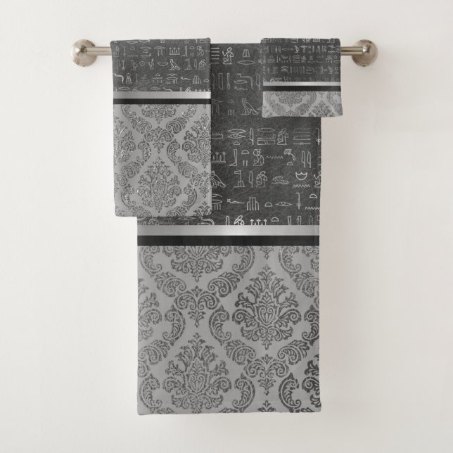 Conjunto De Toalhas Silver Damask Egípcio Hieroglyphs Bath Towel Set (Insitu)