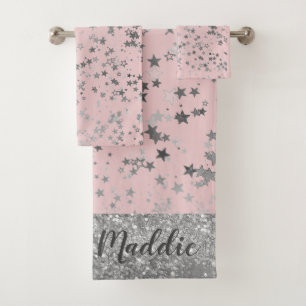 Conjunto De Toalhas Silver Whimsic Stars em rosa personalizado
