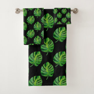 Conjunto De Toalhas Simple Green Monstera Leaf Pattern on Black