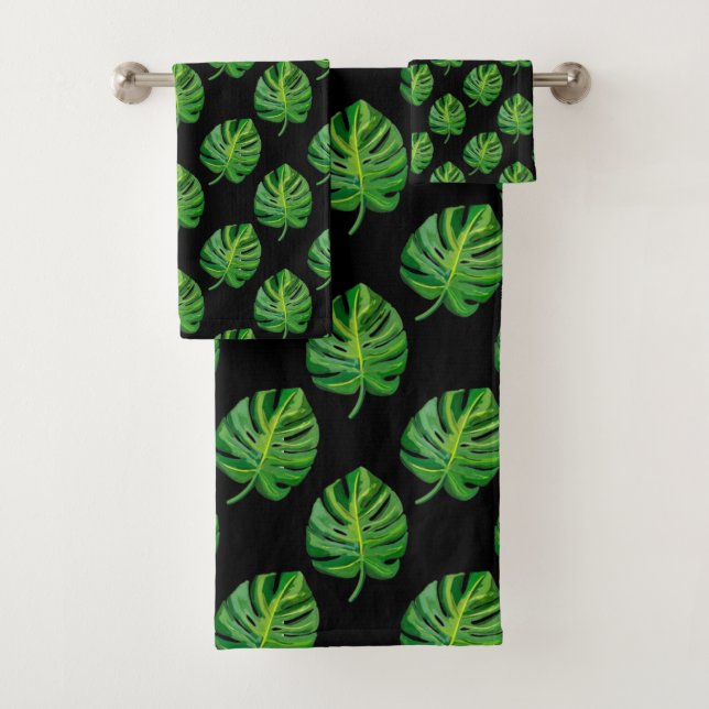 Conjunto De Toalhas Simple Green Monstera Leaf Pattern on Black (Insitu)
