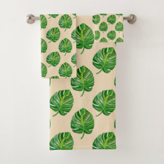 Conjunto De Toalhas Simple Green Monstera Leaf Pattern on Light Beige