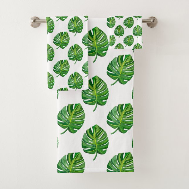Conjunto De Toalhas Simple Green Monstera Leaf Pattern on White (Insitu)