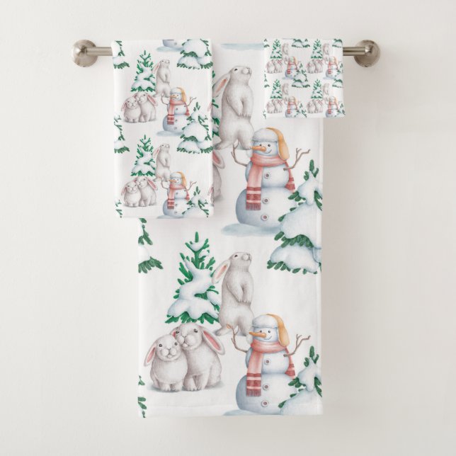 Conjunto De Toalhas Snowman Rabbits Árvores Neve Aquarela Natal  (Insitu)