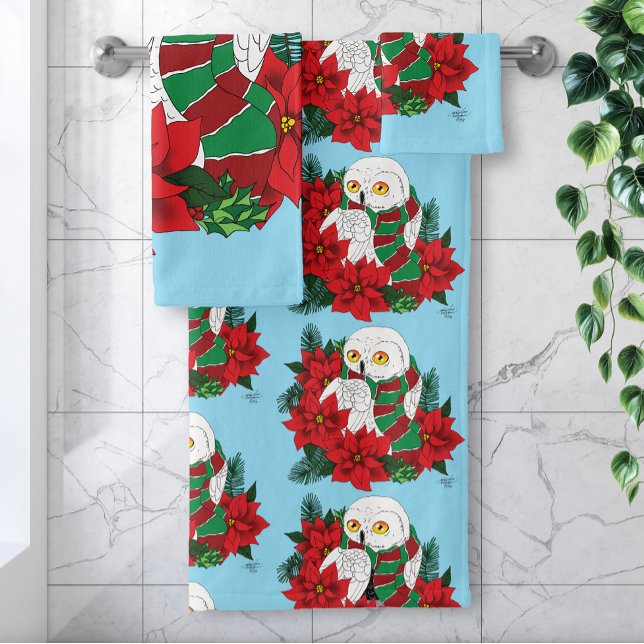Conjunto De Toalhas Snowy Owl Red Poinsettias Natal (Criador carregado)
